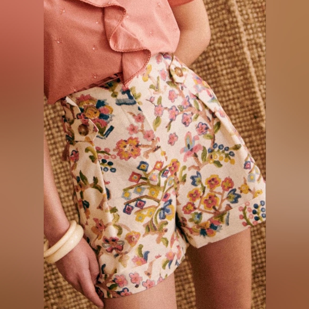 Sezane Mila Floral High Waist Shorts - Cream and Multicolor